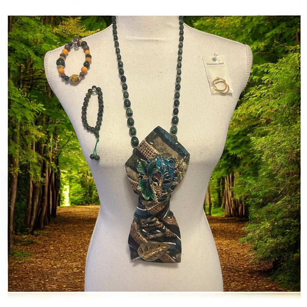 JT Beckett Silk Tie Statement Necklace Set Mask Leaf Brooch Beaded Bracelets